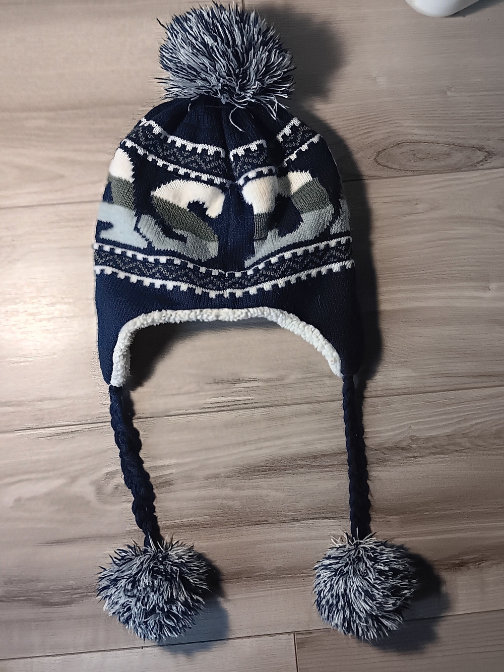 Vintage Adults Cowboys Navy Pom Pom Earflap Hat - Cozy Winter Beanie